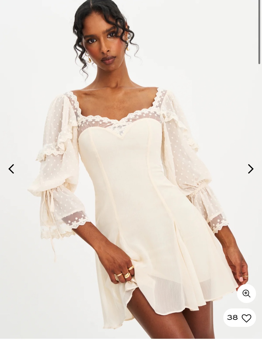 Ivory Sheer-Sleeve Mini Dress with Lace Trim